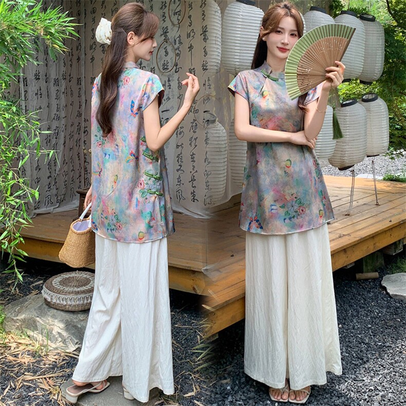 新中式g风套装女2026夏季流行复古印花盘扣旗袍上衣阔腿裤两件套,女装套装/套裙,超帛