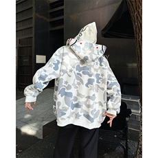 美式复古双帽迷彩连帽卫衣男女春秋设计感学生鲨鱼头拉链开衫外套，男装卫衣，星座506A