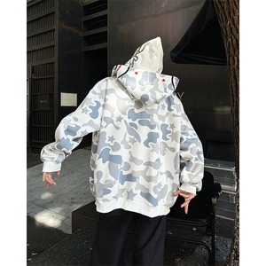 美式复古双帽迷彩连帽卫衣男女春秋设计感学生鲨鱼头拉链开衫外套