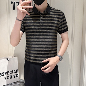 店主风社会小伙男士高级感条纹亮面翻领POLO衫301A-1/PL118/P53图片