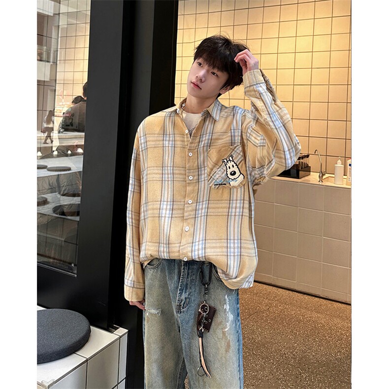 8XL-M小狗格子衬衫男长袖2025春情侣款寸衣宽松衬衣CS519P58控78，男装衬衫，电商D206-1