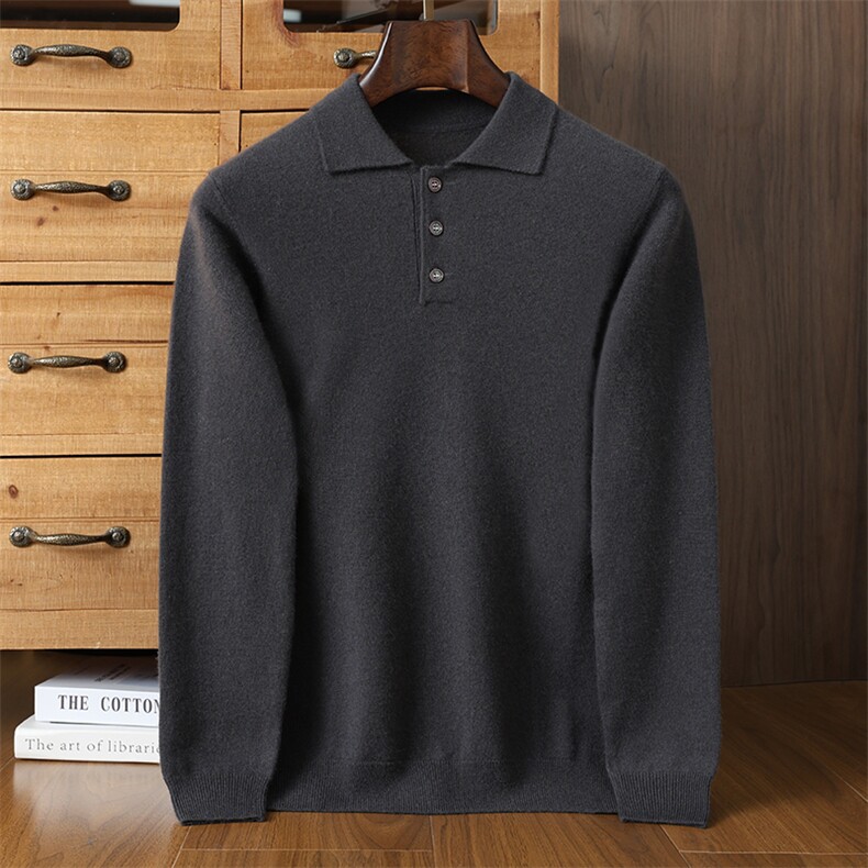 高品质男士商务POLO衫35%羊绒混纺长袖保暖舒适简约大气男装，男装羊绒套衫，榆莲羊绒