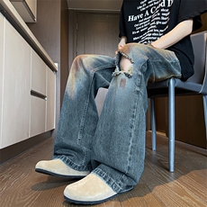 美式复古水洗脏旧高街破洞牛仔裤男vibe宽松休闲微喇裤55066-P52，男装牛仔裤，星座1008