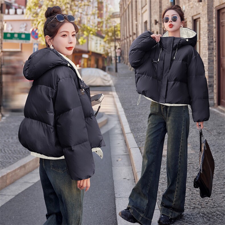2024新款冬季韩版时尚90%拼色连帽加厚短款羽绒服外套,女装羽绒服,瑶迪依秀