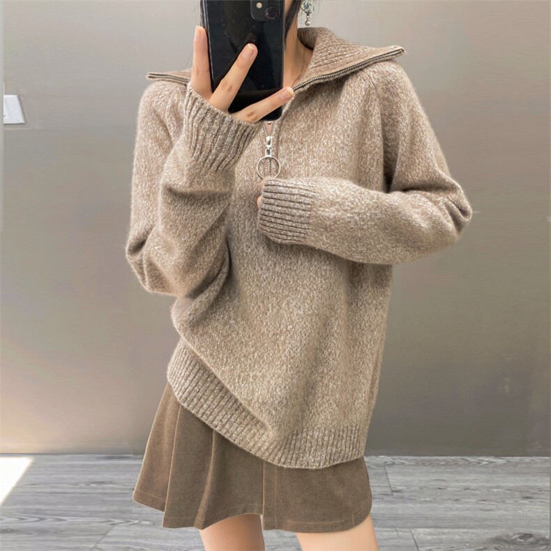 欧货秋冬新款软糯山羊绒衫女毛衣拉链高领宽松套头加厚针织打底衫,女装羊绒衫,织绒羊