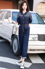 牛仔工装连体裤女2025春秋新款拼接格子高级感时尚流行连衣裤，女装连体裤，天丽
