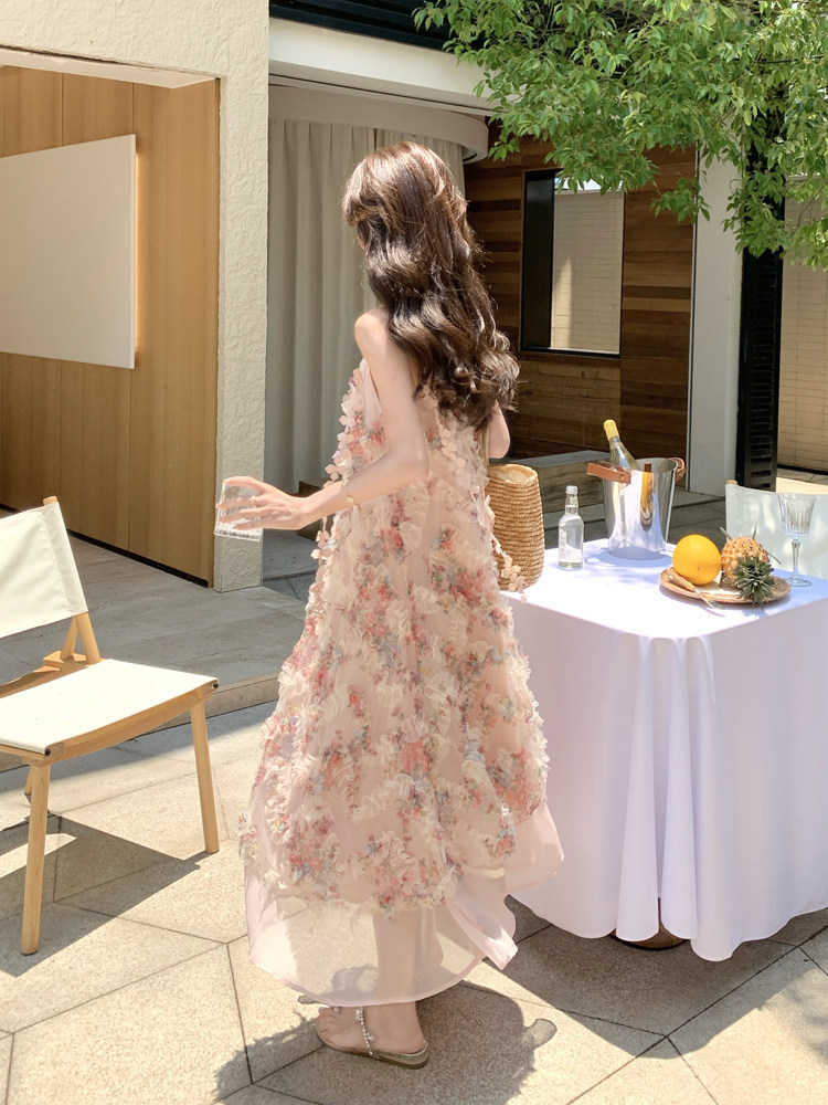 甜美木耳边粉色碎花网纱吊带连衣裙女夏2025新款简单大方超火长裙,女装连衣裙,浙宝128A