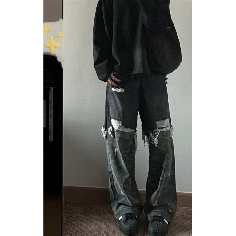 重磅设计感小众迷彩拼接毛边牛仔裤男女宽松显瘦直筒破洞阔腿长裤，男装牛仔裤，星座601-2