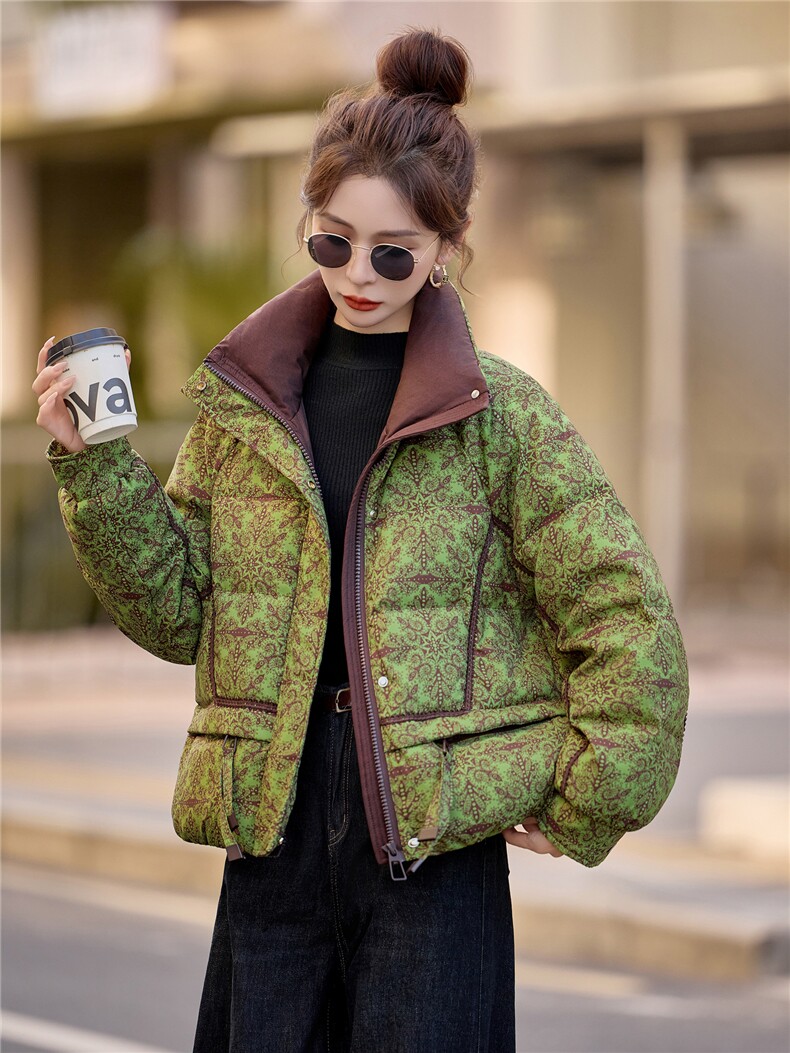 90绒白鸭绒羽绒服女2025冬季新款印花复古优雅加厚保暖,女装羽绒服,余墨