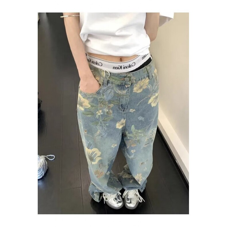 潮美式复古花卉印花牛仔裤男夏小众宽松垂感阔腿拖地裤N7719,男装牛仔裤,星座1116A（原606A-3）