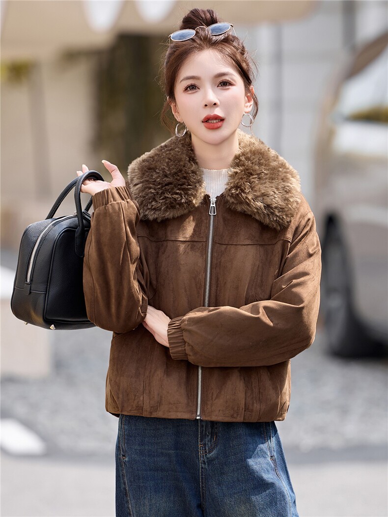 毛绒翻领加绒加厚鹿皮绒外套女2025秋冬新款洋气时尚百搭棉服上衣,女装棉衣/棉服,悦祺