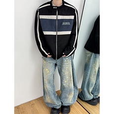 机车服拼接麂皮绒夹克男生2026新款春棒球服外套撞色W6524-P60，男装夹克，星座412-2