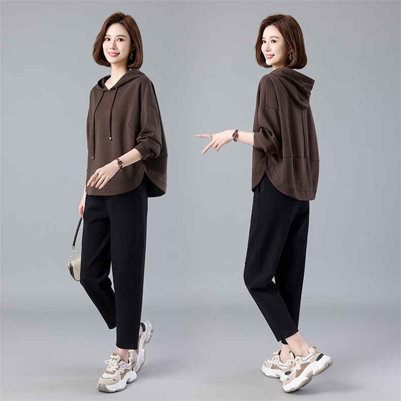 中年妈妈秋装套装2026新款落肩袖卫衣中老年女春秋季运动服两件套，女装套装/套裙，深水步
