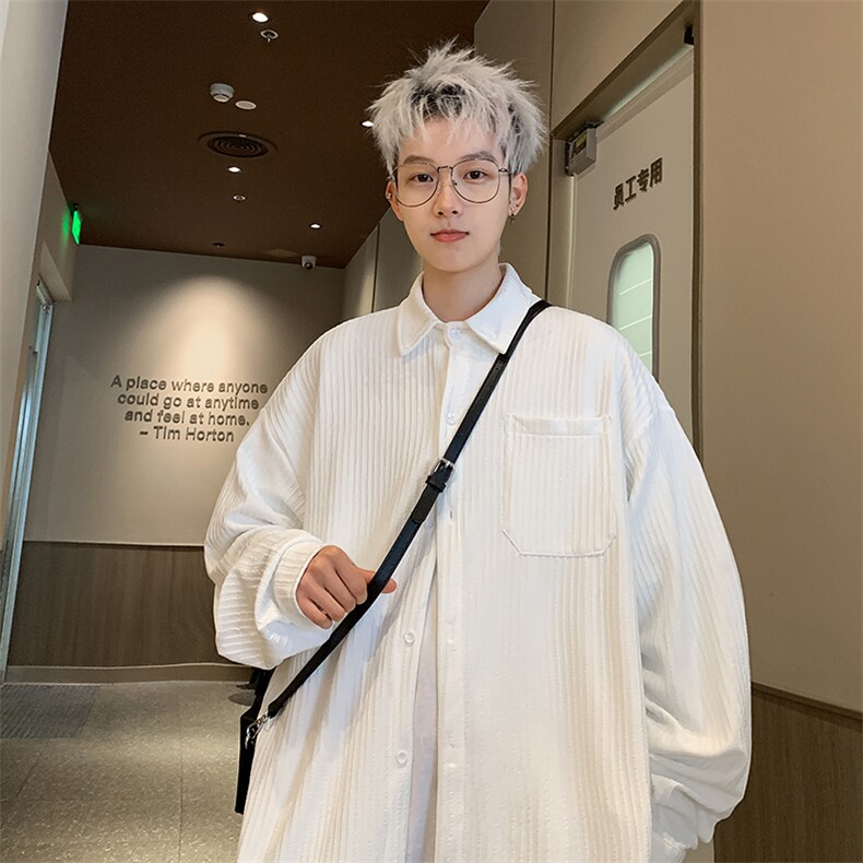 2025秋冬新款细条纹翻领大码衬衫港风男外套CS1802/特P30白色,男装衬衫,电商A094