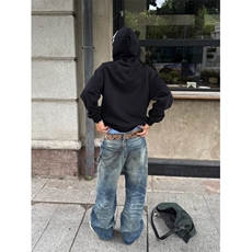 美式复古水洗破洞牛仔裤女高街辣妹潮牌宽松显瘦直筒阔腿拖地长裤，男装牛仔裤，四季星座505