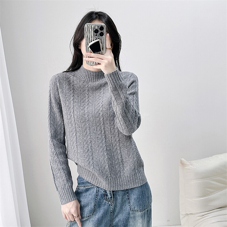 秋冬季羊毛半高领叶子纹优雅休闲羊毛衫，女装羊毛衫，米莲尼羊绒