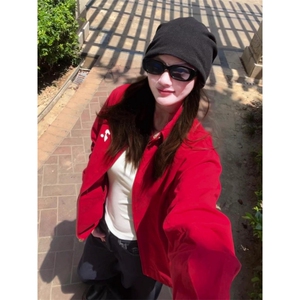 美式覆古红色棒球服外套女春秋2025新款巨好看早秋季开衫夹克上衣图片
