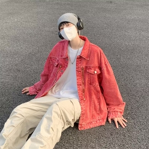 美式高街牛仔外套男韩版潮流拉链红色2025秋冬季ins夹克W5101-P73图片
