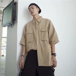 文艺青年夏季复古工装短袖衬衫 口袋装饰日系潮牌男女宽松半袖图片