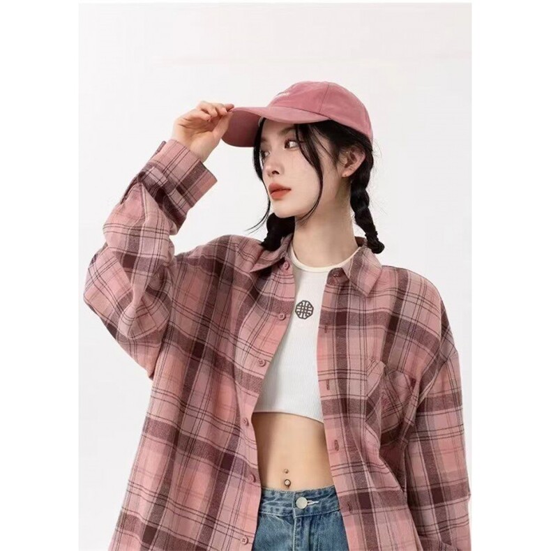 TC655-p45韩版粉色格子衬衫上衣女夏季新款学院风设计感小众衬衣，女装衬衫，星座617A-2