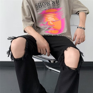 高街vibe黑色破洞牛仔裤男女夏季美式潮牌INS百搭修身小脚直筒裤图片