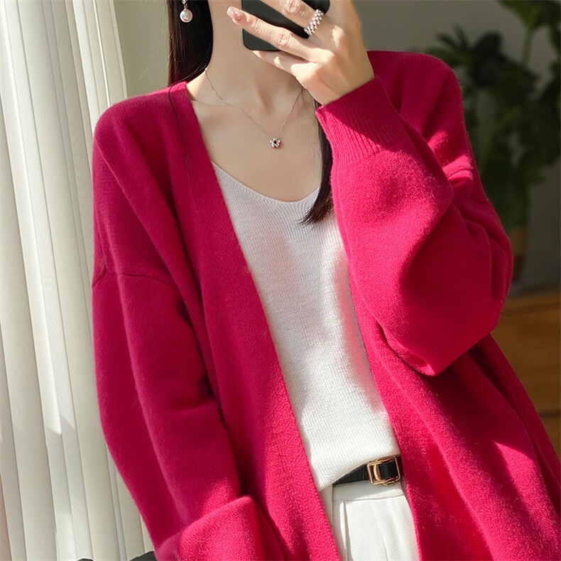 V领100%纯羊毛开衫女秋冬新款宽松慵懒风无扣羊绒衫针织外套毛衣,女装羊毛衫,冀清阳荣