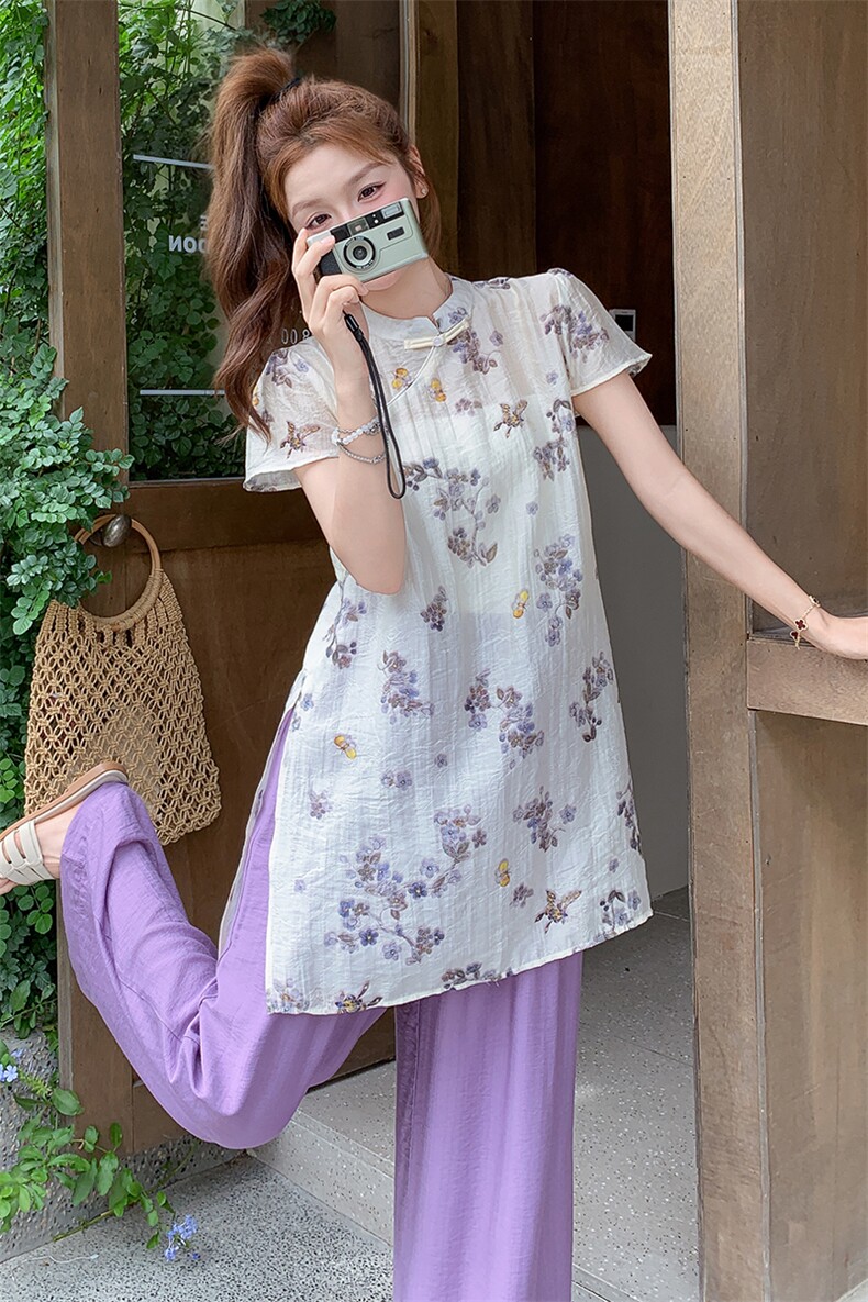 新中式国风套装女2025年夏季新款清冷感改良旗袍上衣阔腿裤两件套,女装套装/套裙,浙宝305