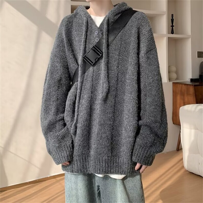慵懒风软糯连帽针织衫男秋冬季高级感潮牌复古宽松休闲纯色毛线衣图片