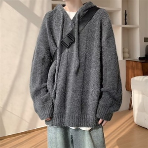 慵懒风软糯连帽针织衫男秋冬季高级感潮牌复古宽松休闲纯色毛线衣图片