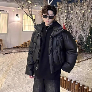 现货5W件冬季三防重磅硬挺boxy短款羽绒立领PU皮棉衣外套加厚棉服图片