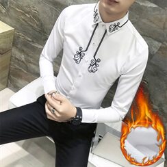 18秋新款男青年长袖加绒加厚修身刺绣花纯色韩版潮工服W0324-P65，男装衬衫，星座419（原A233）