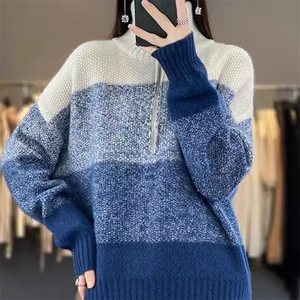 秋冬拉链高领100%羊毛衫女复古撞色长袖毛衣宽松慵懒羊绒针织打底图片