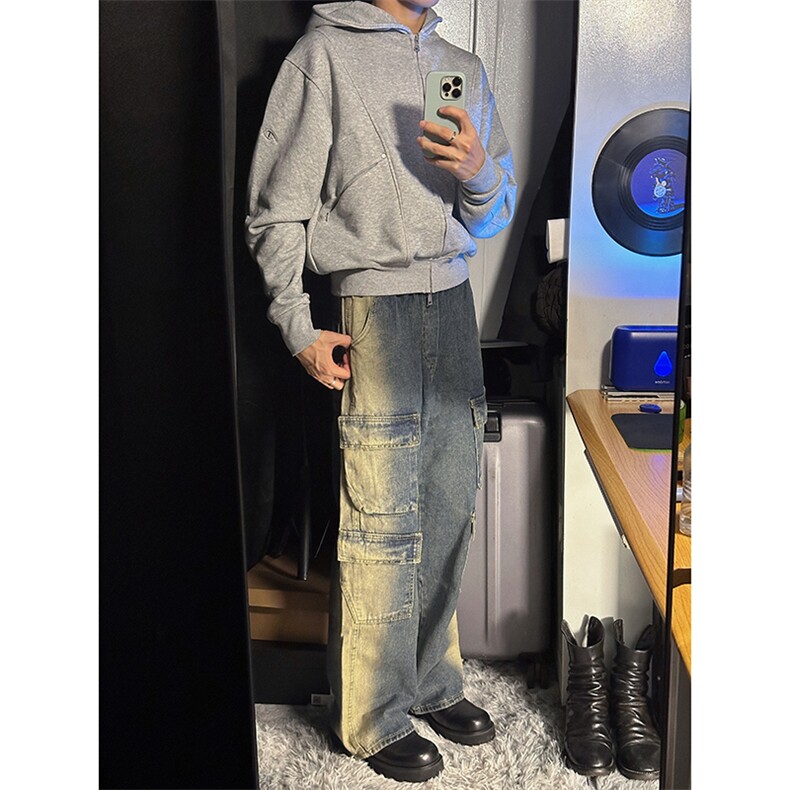B221美式ins高街重工艺宽松做旧工装牛仔裤子LK23143-P80控108,男装牛仔裤,电商B221