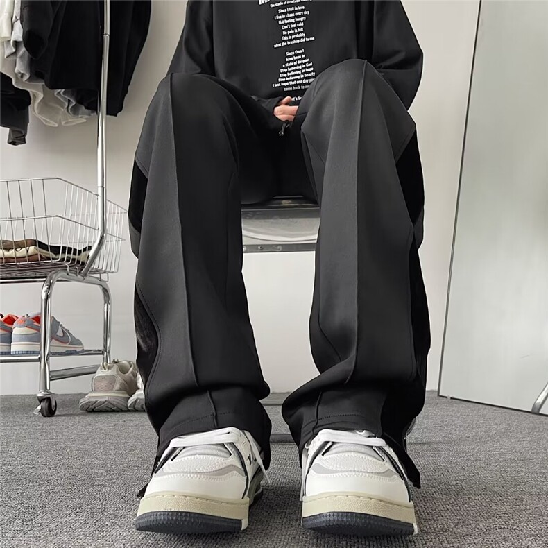 美式复古春新款高品质垂感小众黑色拼色休闲裤男宽松潮牌长裤子,男装休闲裤,星座410-7