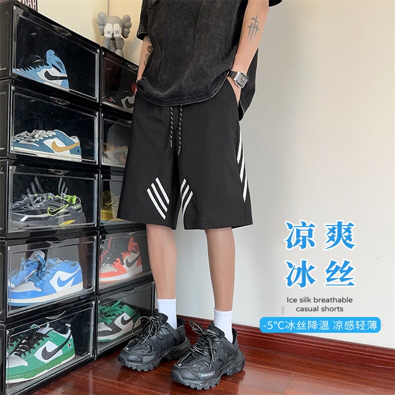 特批P25无差价夏季拼接三条杆凉感冰丝垂感宽松五分短裤男DK5805图片