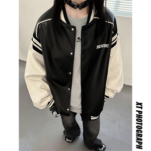 主推 美式复古拼接罗纹pu棒球服情侣皮衣夹克外套男女 G1094 P108图片