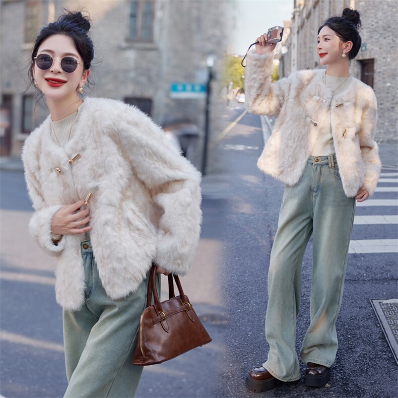 2024秋冬新款百搭圆领环保貂毛加厚长款毛绒一体外套，女装羊羔毛/颗粒绒，瑶迪依秀