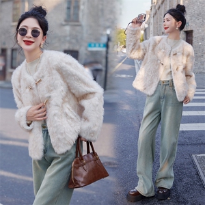 2024秋冬新款百搭圆领环保貂毛加厚长款毛绒一体外套,女装羊羔毛/颗粒绒,瑶迪依秀