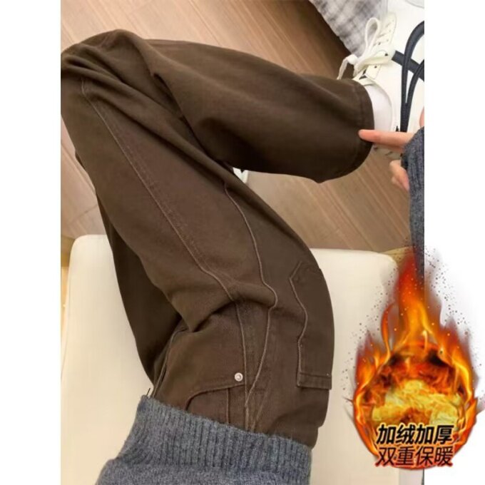 加绒加厚美式复古高街牛仔裤女保暖阔腿裤韩N07581-P43 加绒P50图片