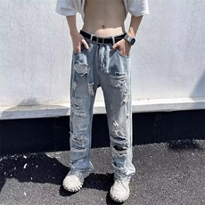 2026美式高街大破洞牛仔裤男女阔腿直筒裤乞丐裤子K70456-P45网图，男装牛仔裤，电商B245