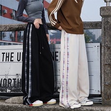 2025新款侧边拼接格纹灰色卫裤男女春秋季大码男生直筒休闲长裤子，男装休闲裤，星座506A