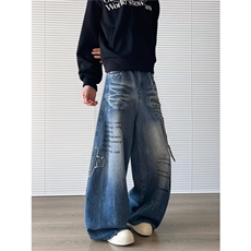 水洗蓝色猫须弯刀牛仔裤男女微喇宽松阔腿拖地镰刀裤N0823-P60，男装牛仔裤，星座308B-2