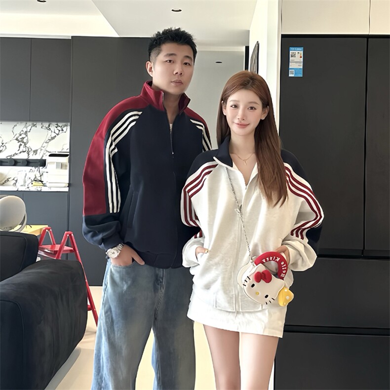抖音得物高品质26春装美式高街重磅织带拼接撞色立领卫衣外套CM41,女装短外套,电商A486-1