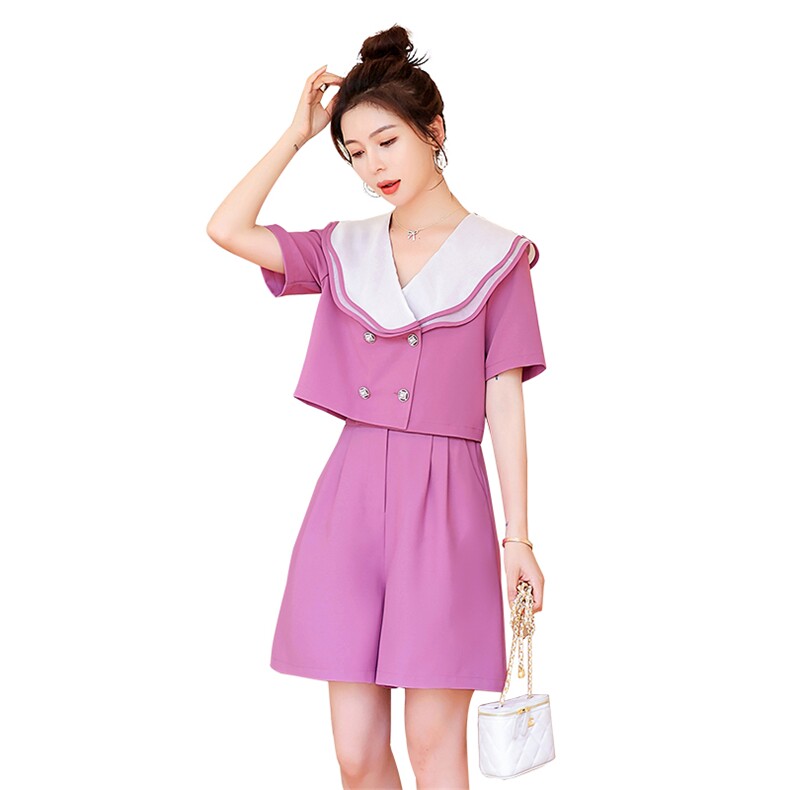 时尚显瘦紫色两件套女夏季新款气质短袖上衣高腰短裤套装小香风,女装套装/套裙,秋水欣儿