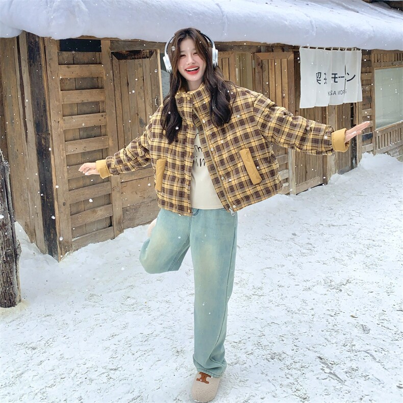 新品黄色格纹短款羽绒服90白鸭绒2C271-9575-P265-K378,女装羽绒服,2C271