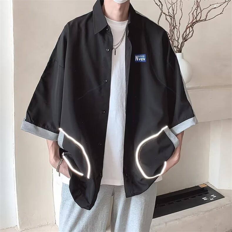 拼接短袖衬衫男女夏季日系情侣半袖衬衣设计感潮牌寸衫C2317-p35,男装衬衫,星座1008