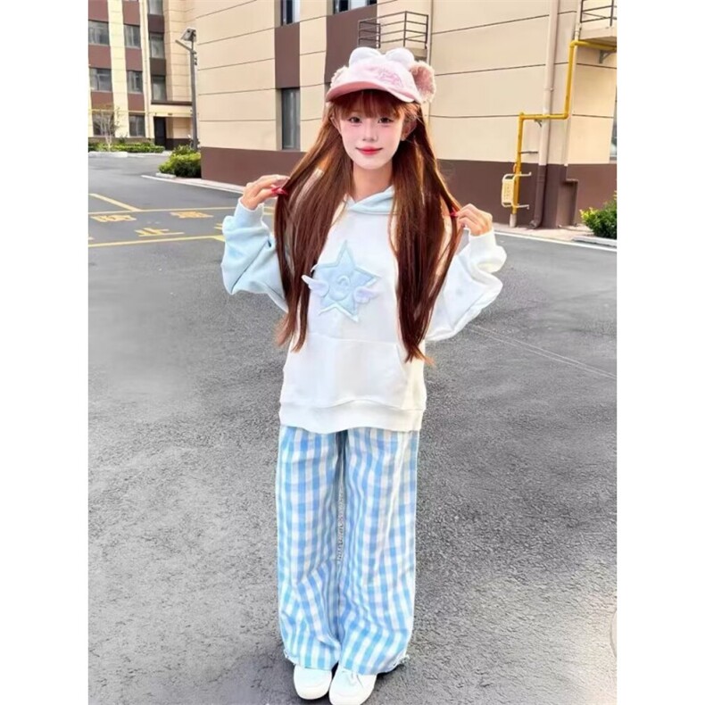 美式高街星星刺绣连帽卫衣男女秋冬季新款情侣撞色拼接外套上衣,女装短外套,星座506A