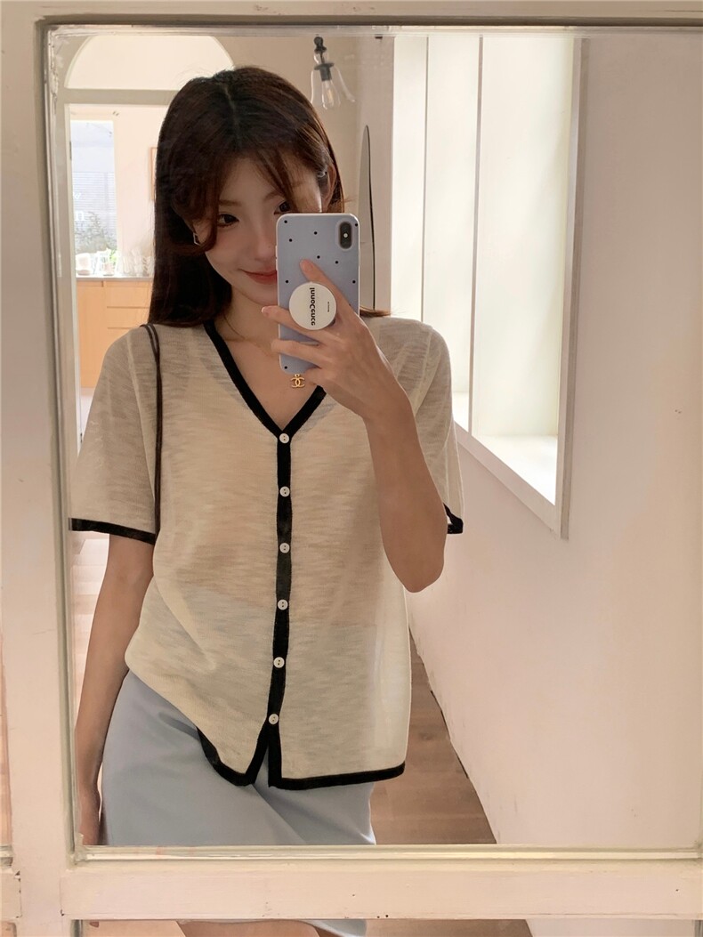 夏季新款简约V领短袖针织衫女宽松休闲百搭上衣,针织衫/毛衣,伟祺羊绒