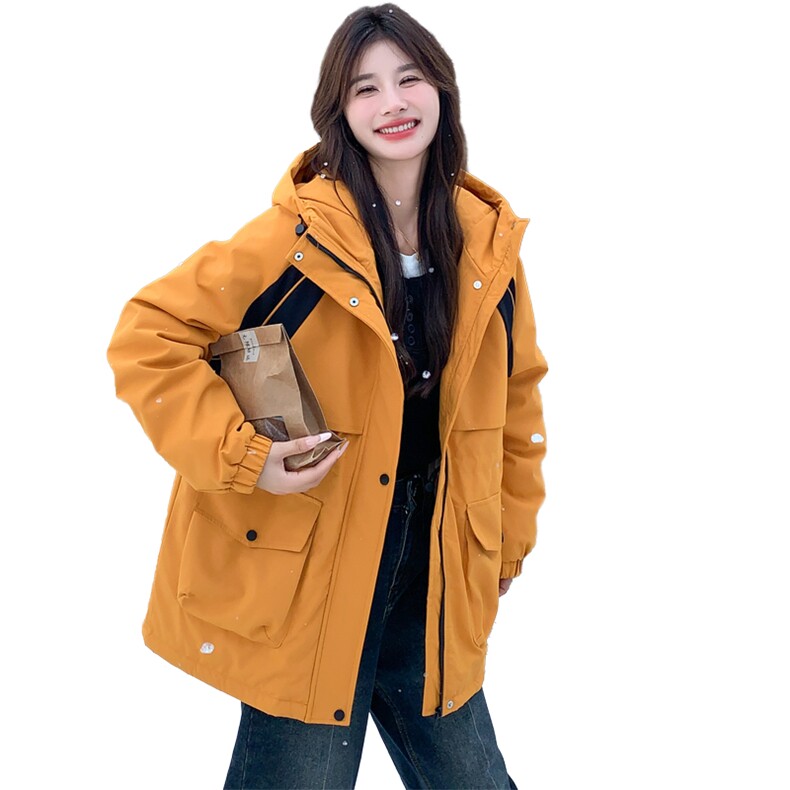 韩版时尚桔色加厚羽绒服冲锋衣女2025冬季新款显瘦保暖白鸭绒外套,女装羽绒服,纯色衣恋