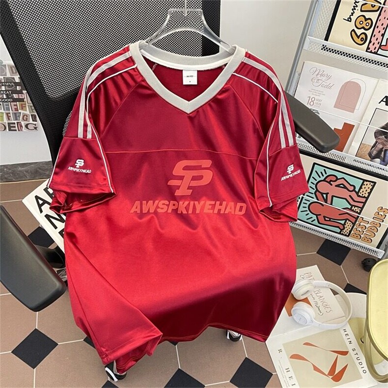 美式V领杠条球服短袖T恤男夏季宽松休闲短裤运动体恤ST547-P41图片